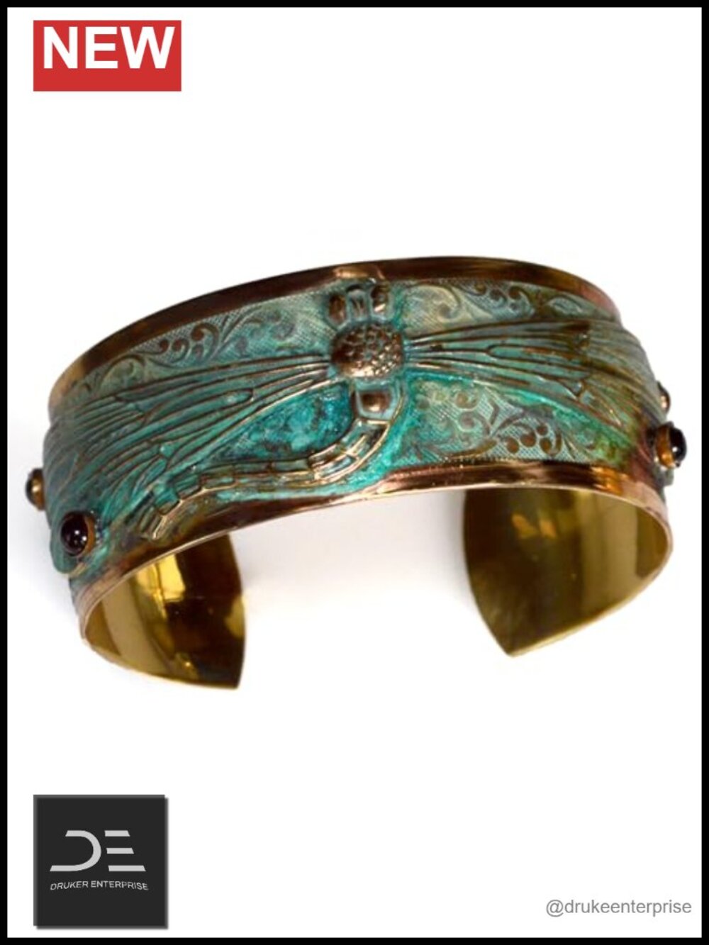 Handmade Solid Brass Dragonfly Cuff Bracelet Genuine Garnet Adjustable